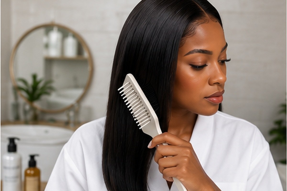 A woman gently caring for a long human-hair wig with a wide-tooth comb and wig-care products nearby.