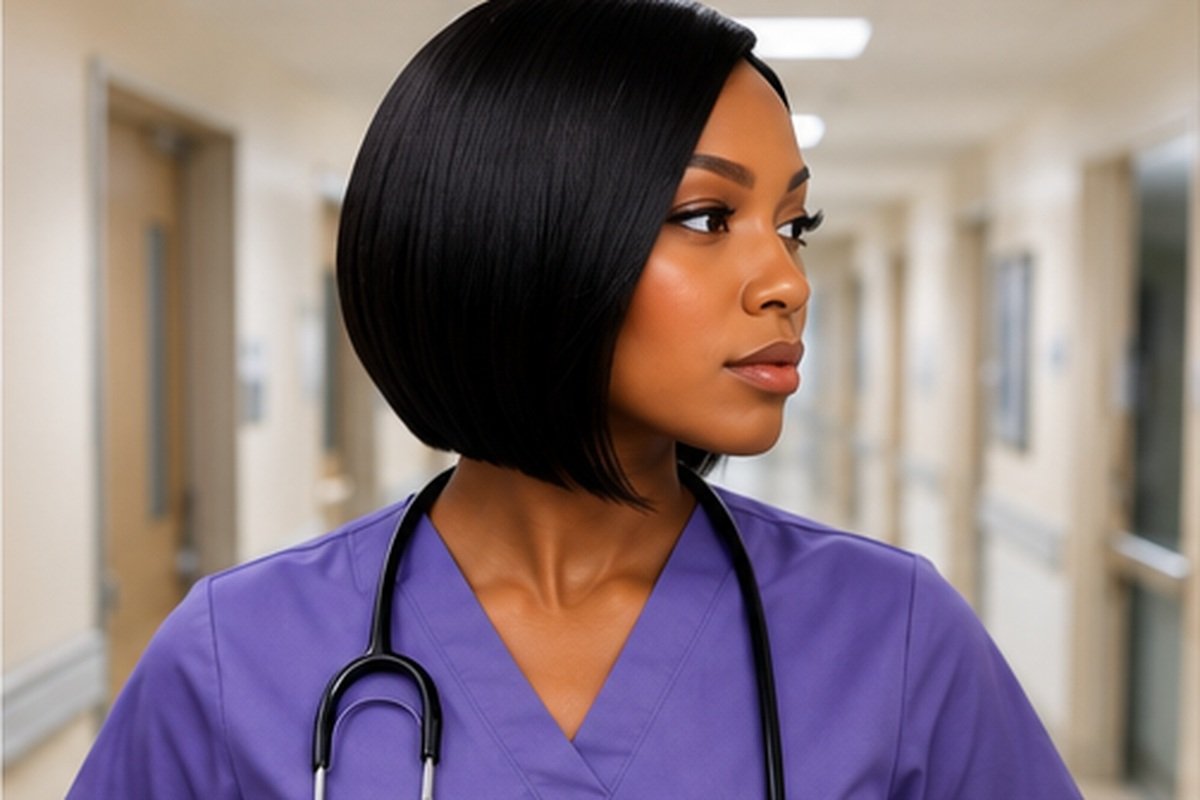 A confident nurse wearing a neat, lightweight professional bob wig in a bright healthcare setting.