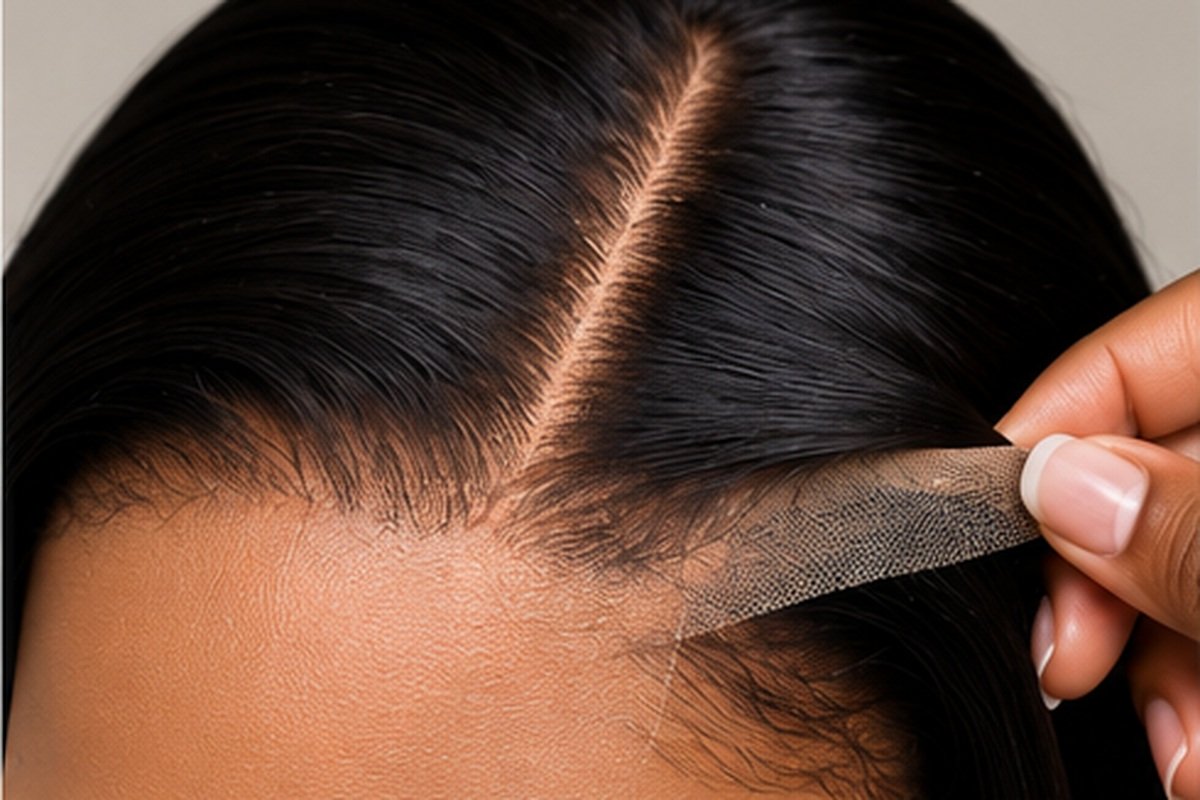 A close-up demonstration of the lace, natural hairline and cap construction of a human-hair wig.