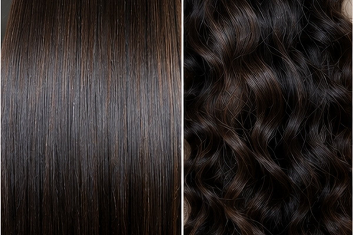 A side-by-side comparison of sleek straight human hair and soft, flowing body-wave human hair.
