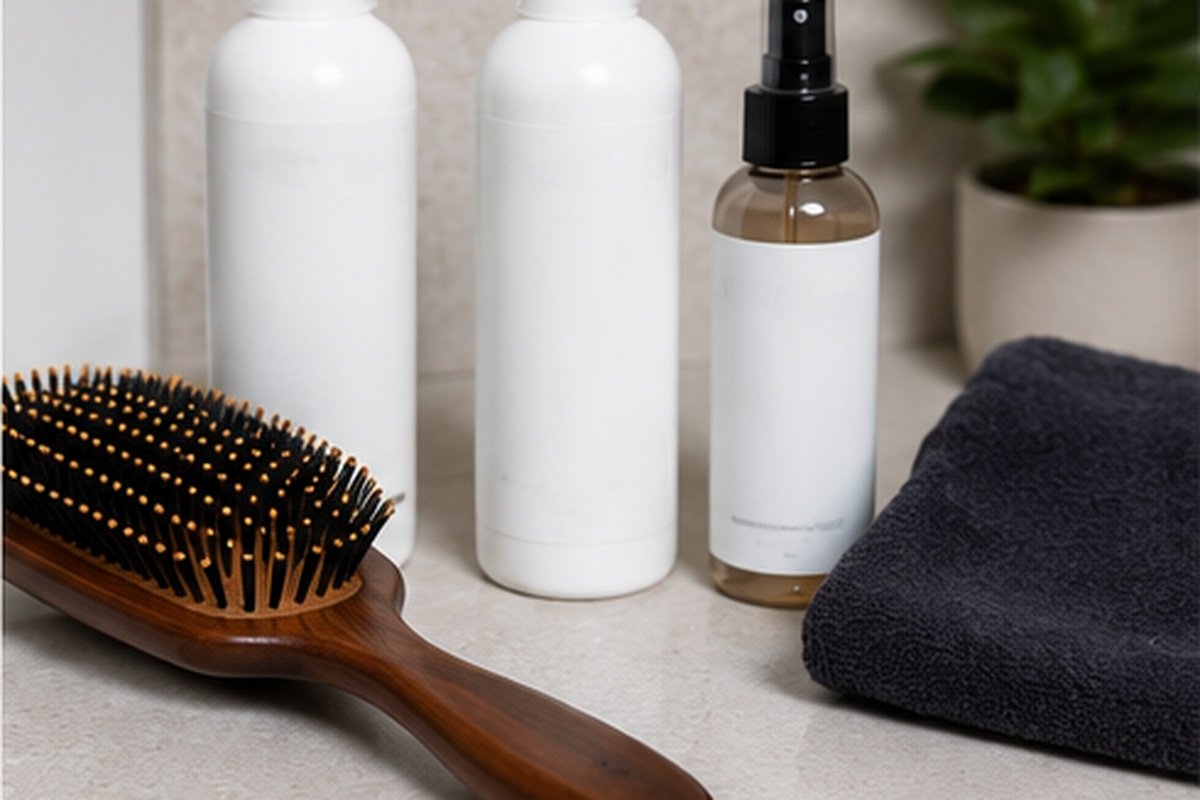 Human-hair wig maintenance products, a wide-tooth comb, satin storage bag and styling tools arranged beside a wig.